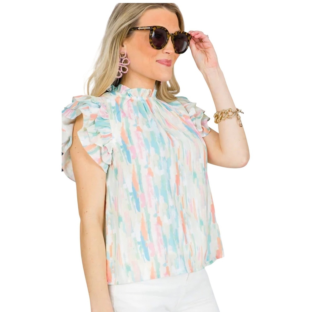 NWT Pinch Pastel Ruffle Neck Watercolor Print Flutter Sleeve Blouse Sz L